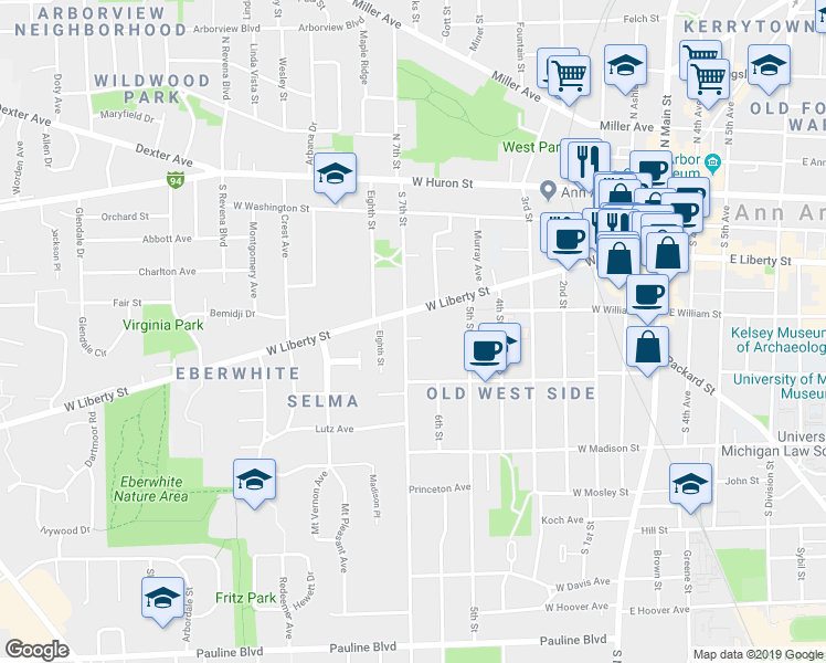 map of restaurants, bars, coffee shops, grocery stores, and more near 403 South 7th Street in Ann Arbor