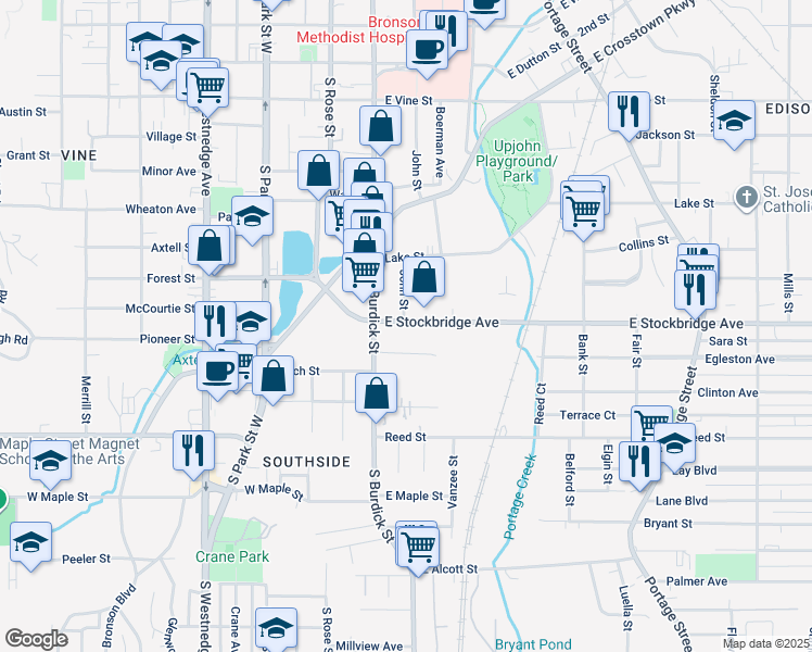 map of restaurants, bars, coffee shops, grocery stores, and more near 146 East Stockbridge Avenue in Kalamazoo