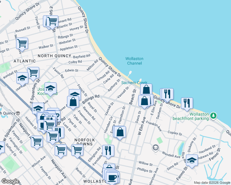 map of restaurants, bars, coffee shops, grocery stores, and more near 25 Channing Street in Quincy
