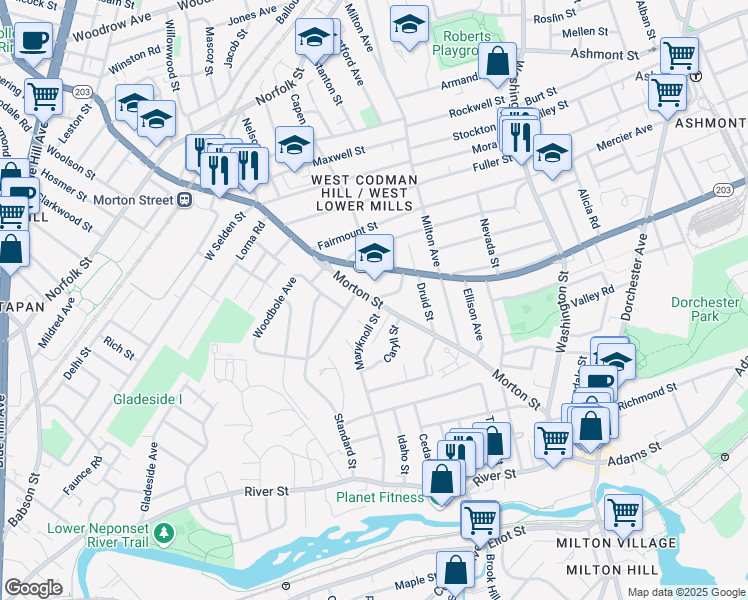 map of restaurants, bars, coffee shops, grocery stores, and more near 1060 Morton Street in Boston