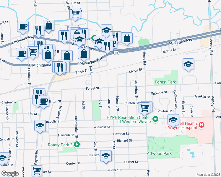 map of restaurants, bars, coffee shops, grocery stores, and more near 4113 4th Street in Wayne