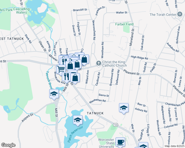 map of restaurants, bars, coffee shops, grocery stores, and more near 4 Maxdale Road in Worcester