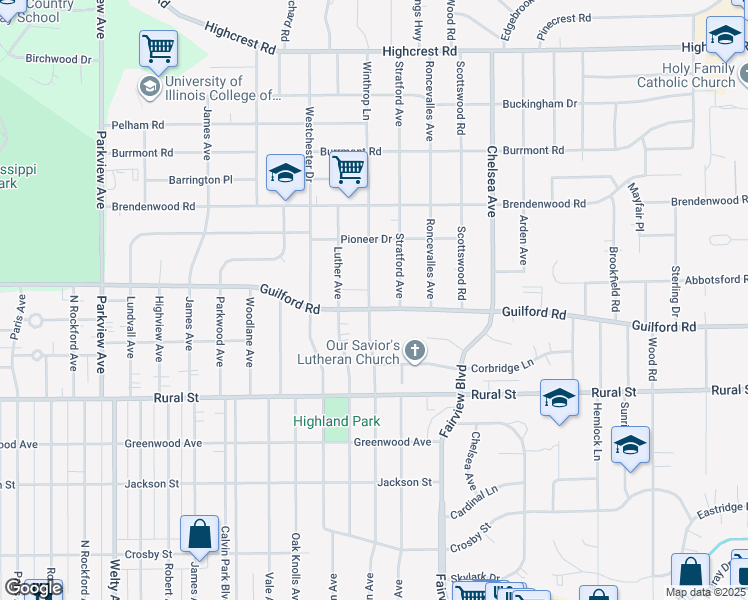 map of restaurants, bars, coffee shops, grocery stores, and more near 3204 Guilford Road in Rockford