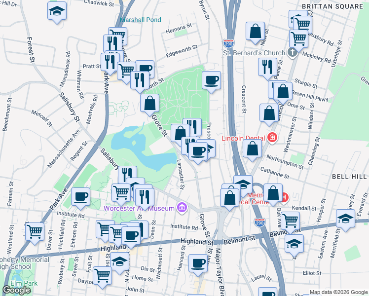 map of restaurants, bars, coffee shops, grocery stores, and more near 134-138 Grove St in Worcester