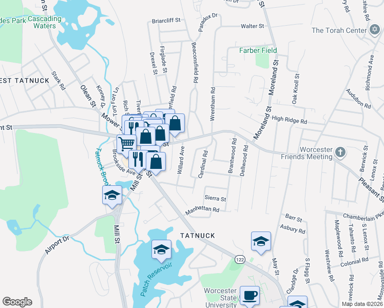 map of restaurants, bars, coffee shops, grocery stores, and more near 4 Maxdale Road in Worcester