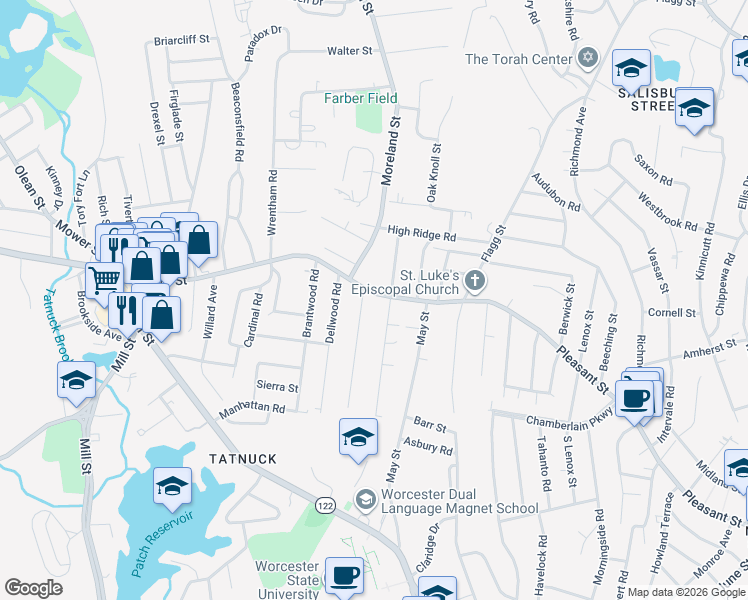 map of restaurants, bars, coffee shops, grocery stores, and more near 980 Pleasant Street in Worcester