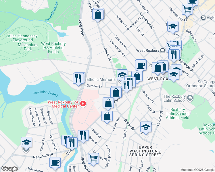 map of restaurants, bars, coffee shops, grocery stores, and more near 71 Gardner Street in Boston