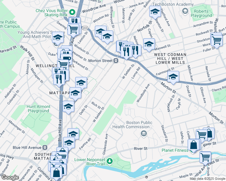 map of restaurants, bars, coffee shops, grocery stores, and more near 105 West Selden Street in Boston