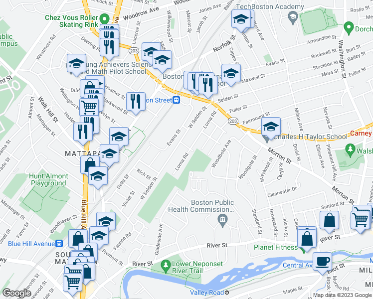 map of restaurants, bars, coffee shops, grocery stores, and more near 99 Lorna Road in Boston