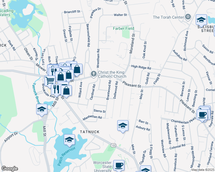 map of restaurants, bars, coffee shops, grocery stores, and more near 28 Brantwood Road in Worcester
