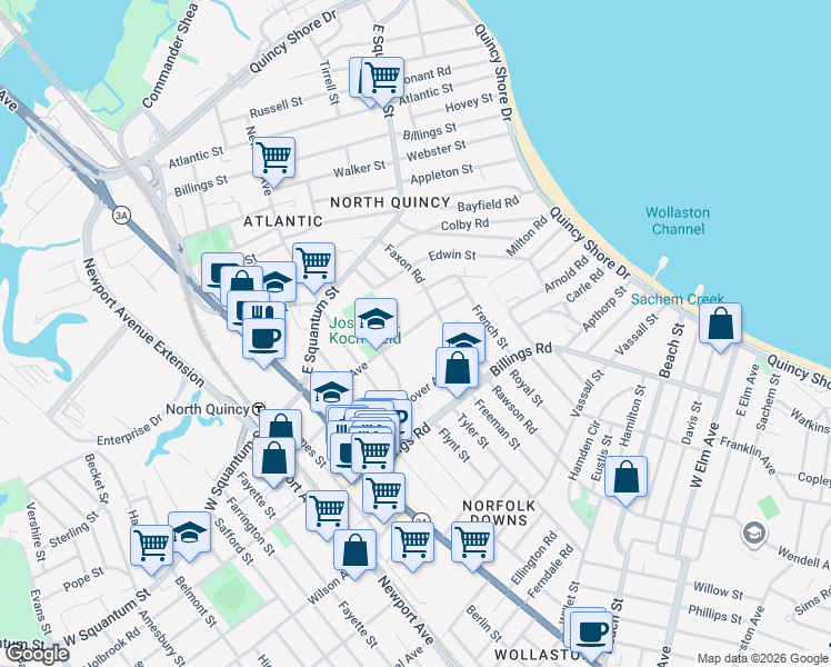 map of restaurants, bars, coffee shops, grocery stores, and more near 101 Hollis Avenue in Quincy