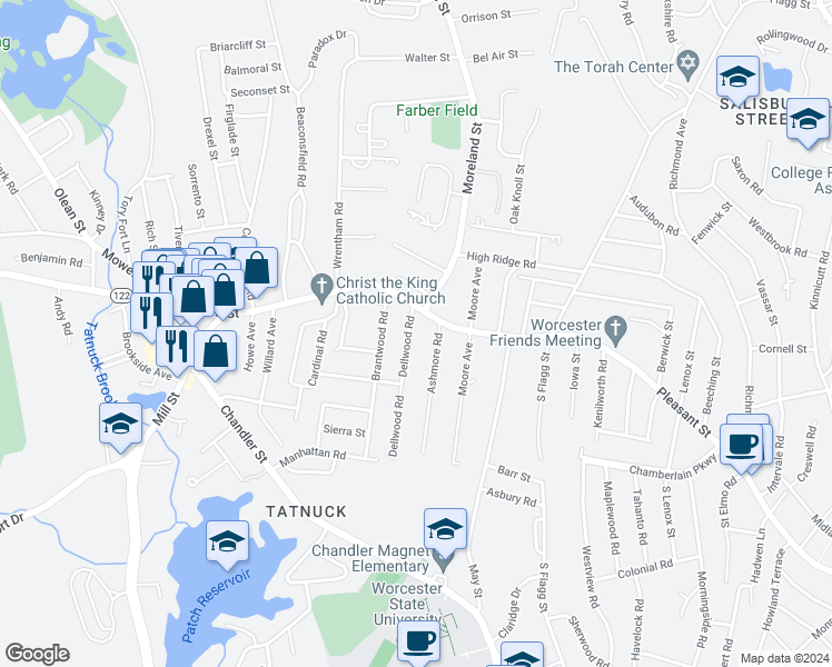 map of restaurants, bars, coffee shops, grocery stores, and more near 3 Dellwood Road in Worcester
