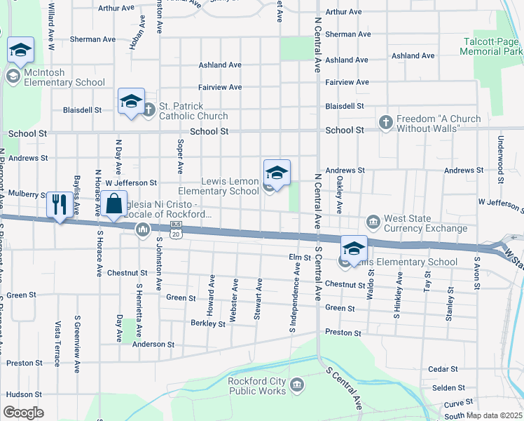 map of restaurants, bars, coffee shops, grocery stores, and more near 1993 Mulberry Street in Rockford