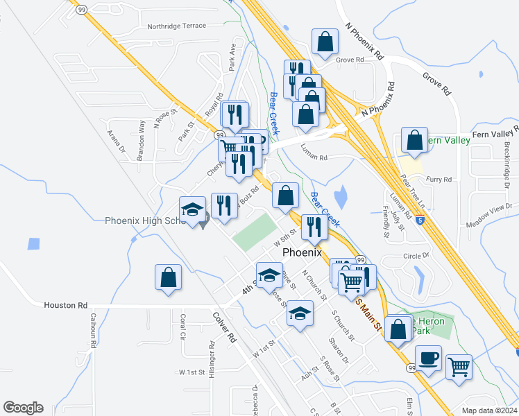 map of restaurants, bars, coffee shops, grocery stores, and more near 608 North Church Street in Phoenix
