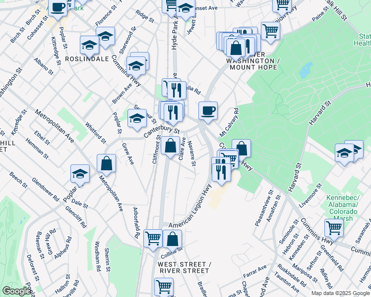 map of restaurants, bars, coffee shops, grocery stores, and more near 20 Clare Avenue in Boston