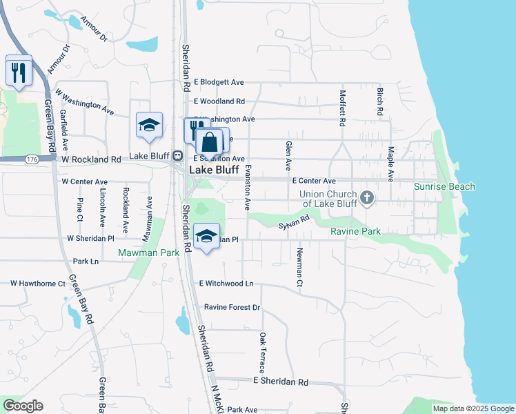 map of restaurants, bars, coffee shops, grocery stores, and more near 219 East Prospect Avenue in Lake Bluff