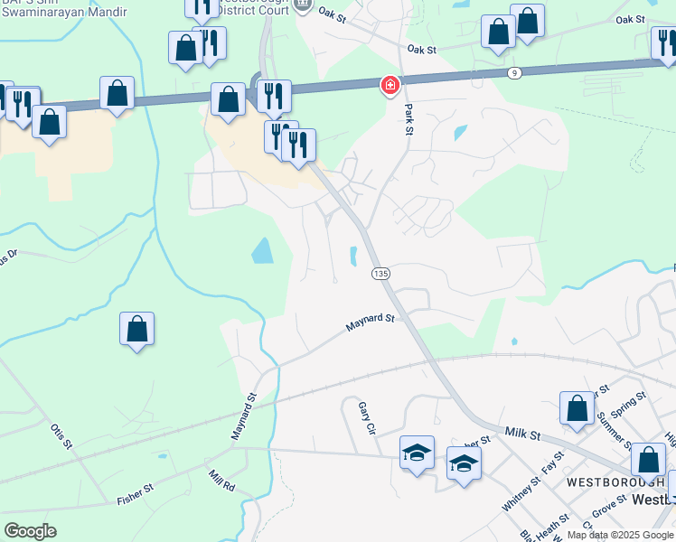 map of restaurants, bars, coffee shops, grocery stores, and more near 18 Fairview Road in Westborough