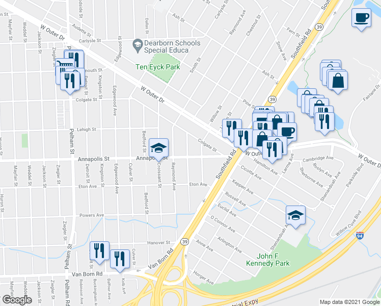 map of restaurants, bars, coffee shops, grocery stores, and more near 4565 Fleming Street in Dearborn Heights