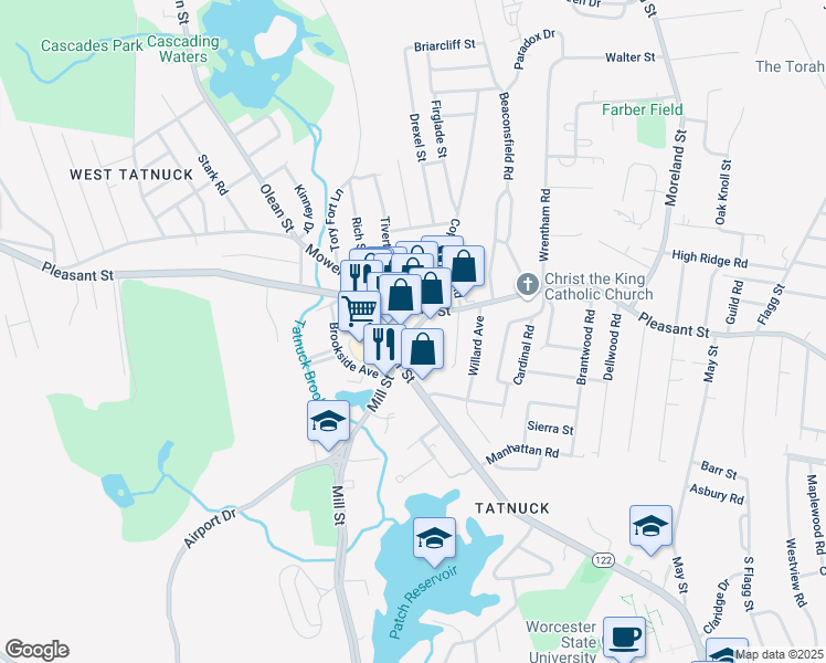 map of restaurants, bars, coffee shops, grocery stores, and more near Mill St & Tatnuck Terrace in Worcester