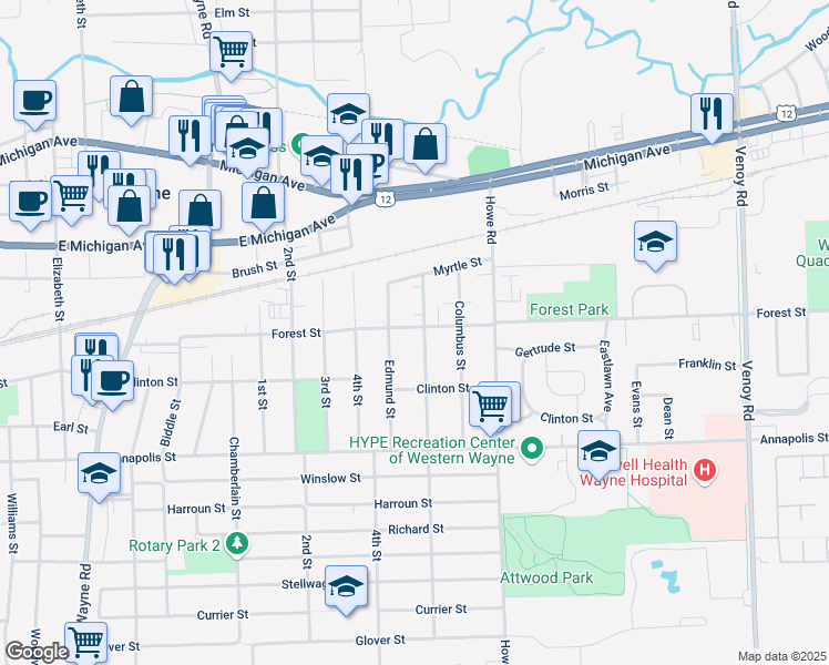 map of restaurants, bars, coffee shops, grocery stores, and more near 4112 Carnegie St in Wayne