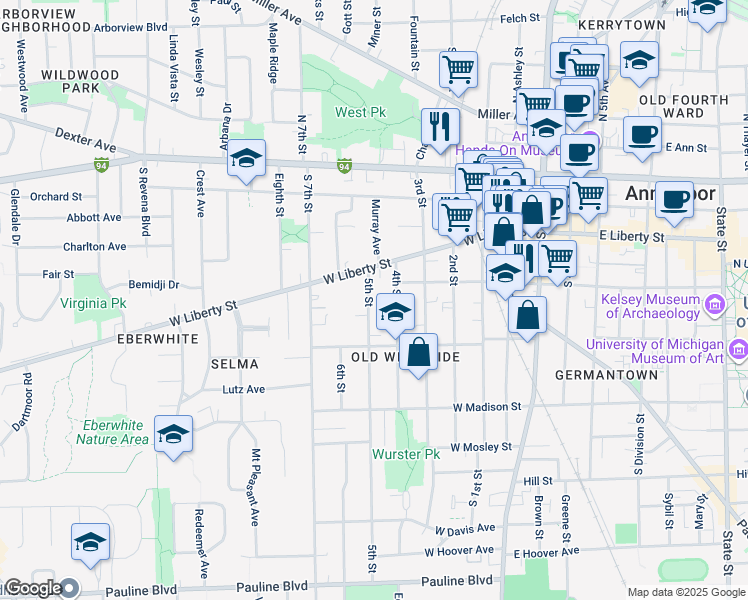 map of restaurants, bars, coffee shops, grocery stores, and more near 413 5th Street in Ann Arbor