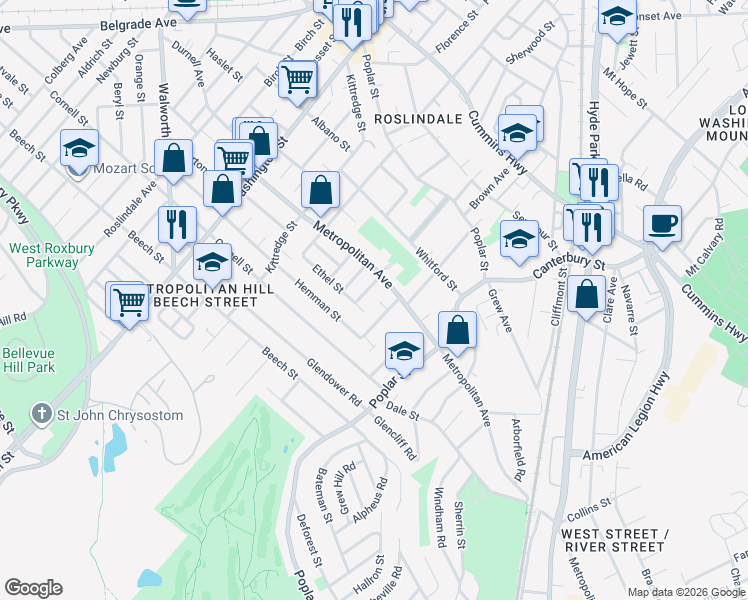 map of restaurants, bars, coffee shops, grocery stores, and more near 14 Highfield Terrace in Boston