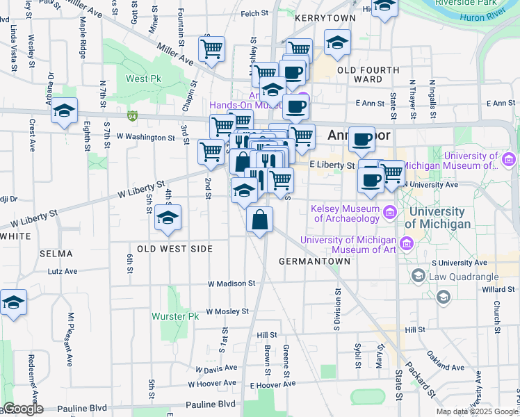 map of restaurants, bars, coffee shops, grocery stores, and more near 125 West William Street in Ann Arbor