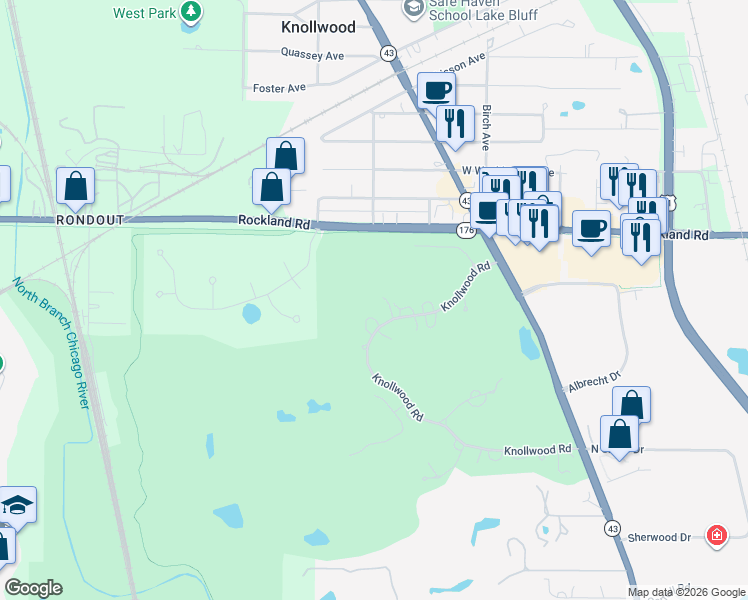 map of restaurants, bars, coffee shops, grocery stores, and more near 2020 Knollwood Lane in Lake Forest