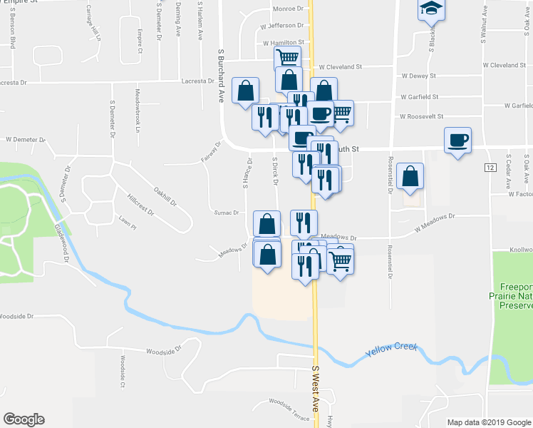 map of restaurants, bars, coffee shops, grocery stores, and more near 1760 South Dirck Drive in Freeport
