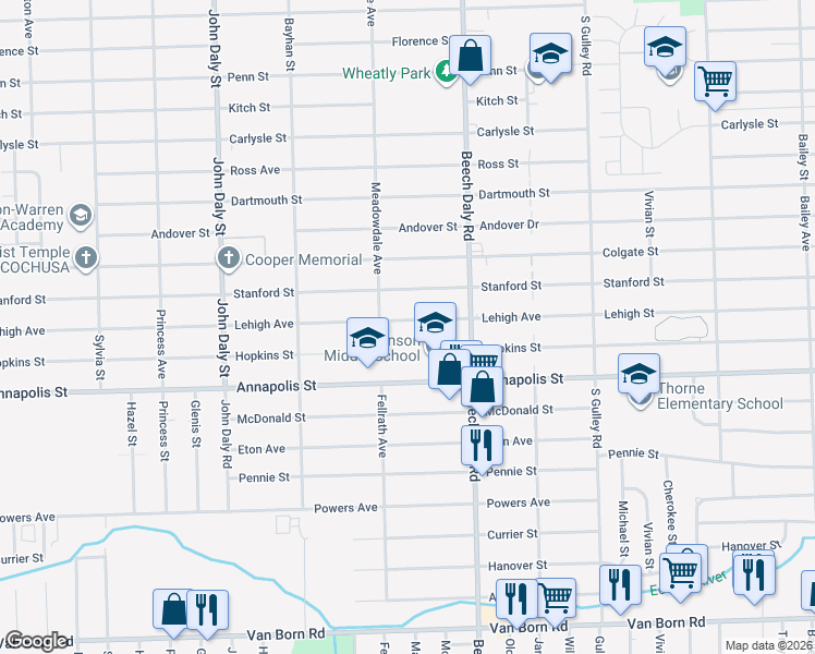 map of restaurants, bars, coffee shops, grocery stores, and more near 26051 Lehigh Street in Inkster