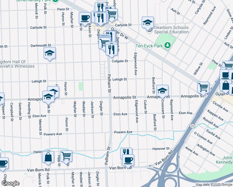 map of restaurants, bars, coffee shops, grocery stores, and more near 4500 Detroit Street in Dearborn Heights