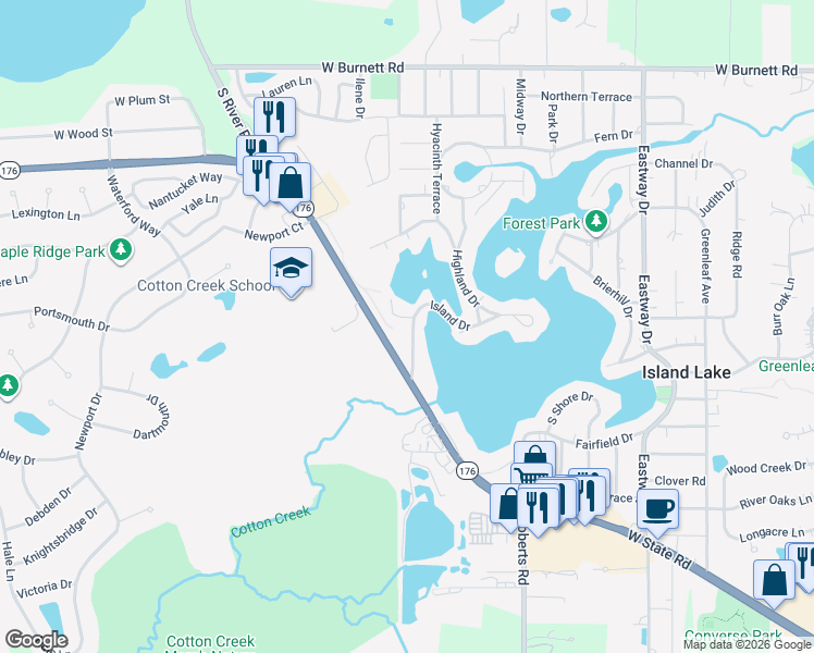 map of restaurants, bars, coffee shops, grocery stores, and more near 3605 Lakeview Drive in Island Lake