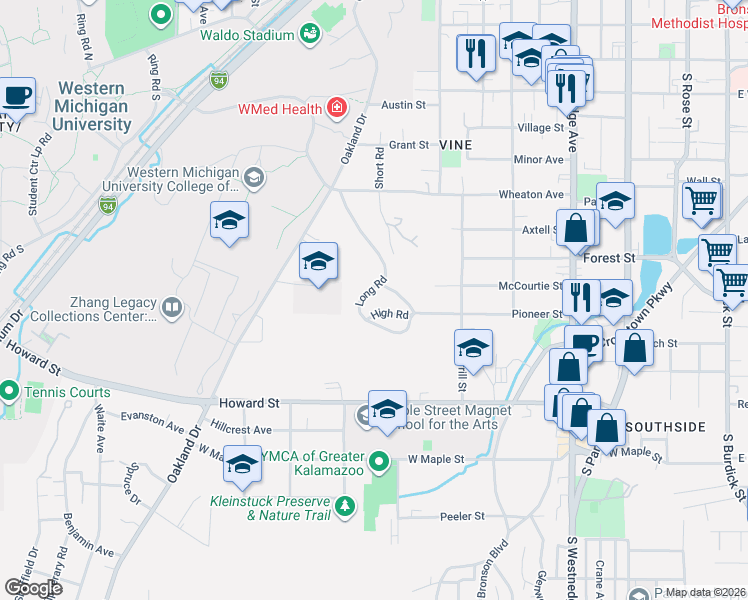 map of restaurants, bars, coffee shops, grocery stores, and more near 1400 Low Road in Kalamazoo