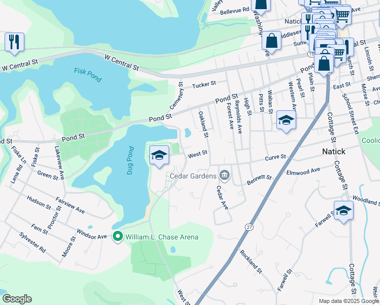 map of restaurants, bars, coffee shops, grocery stores, and more near 13 West Street in Natick