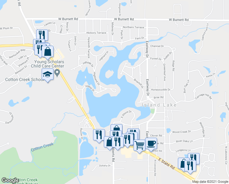 map of restaurants, bars, coffee shops, grocery stores, and more near 100 Lillian Court in Island Lake