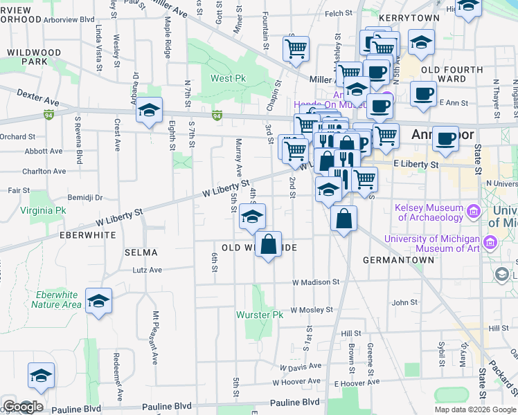map of restaurants, bars, coffee shops, grocery stores, and more near 555 West William Street in Ann Arbor