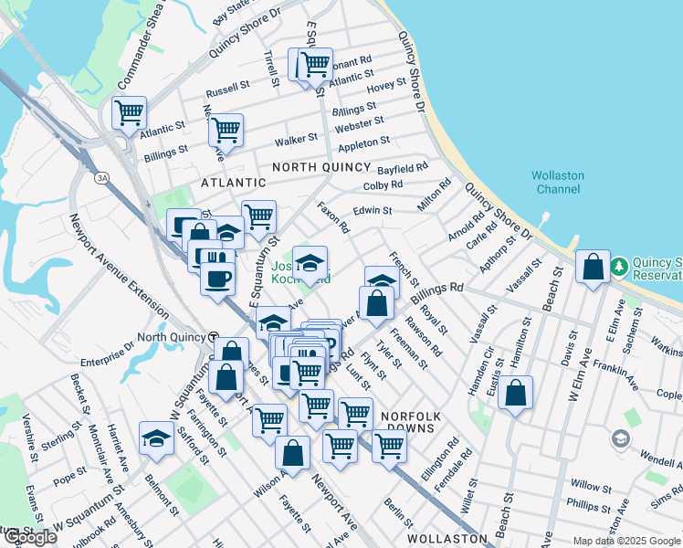 map of restaurants, bars, coffee shops, grocery stores, and more near 103 Hollis Avenue in Quincy