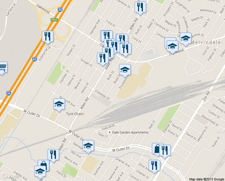map of restaurants, bars, coffee shops, grocery stores, and more near 18874 Reed Street in Melvindale
