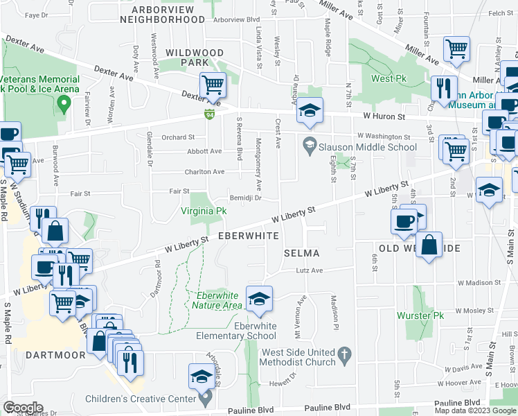 map of restaurants, bars, coffee shops, grocery stores, and more near 1400 West Liberty Street in Ann Arbor