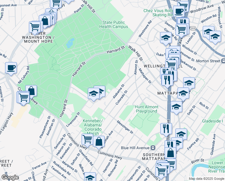 map of restaurants, bars, coffee shops, grocery stores, and more near 10 Kennebec St in Boston