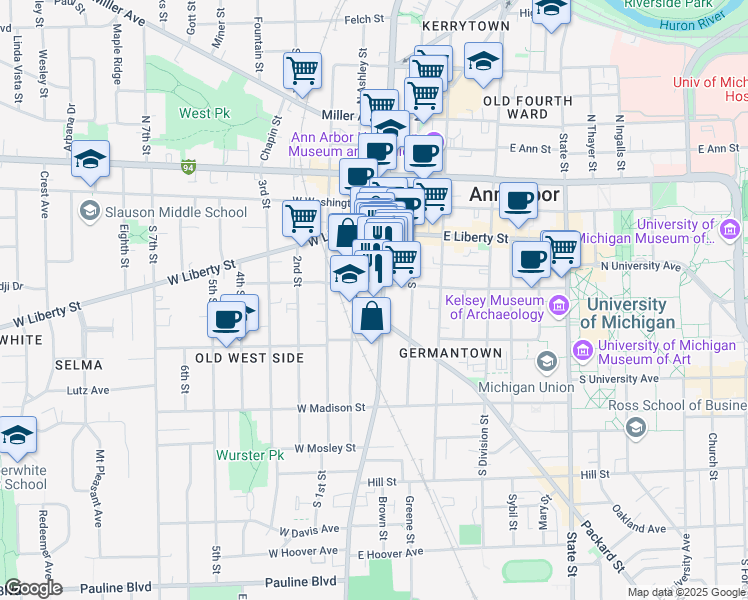 map of restaurants, bars, coffee shops, grocery stores, and more near 125 West William Street in Ann Arbor