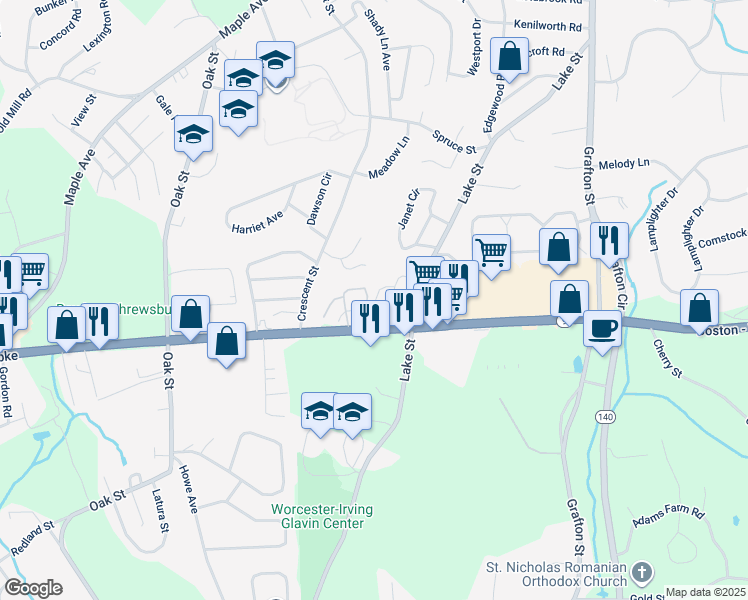 map of restaurants, bars, coffee shops, grocery stores, and more near 465 Boston Turnpike in Shrewsbury