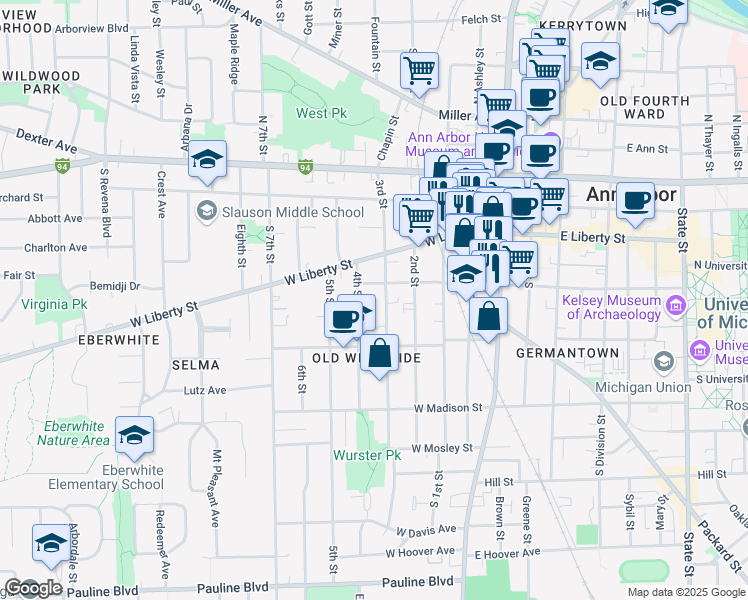 map of restaurants, bars, coffee shops, grocery stores, and more near 519 West William Street in Ann Arbor