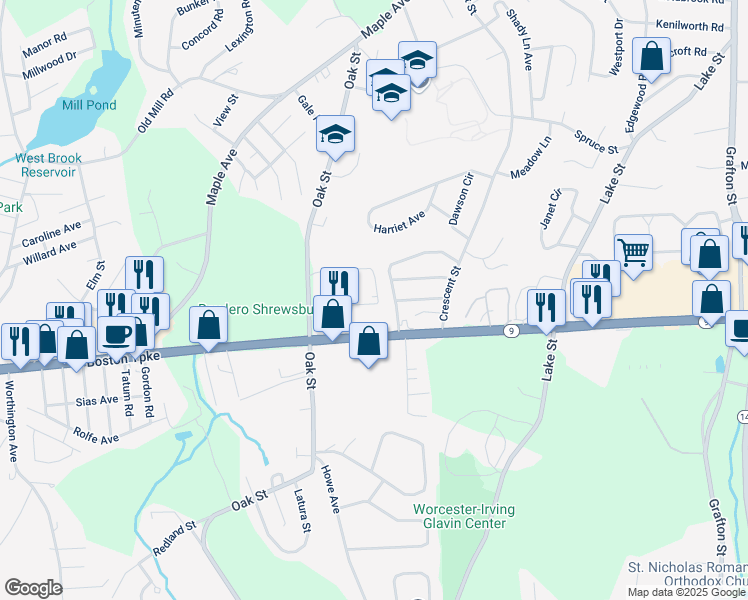 map of restaurants, bars, coffee shops, grocery stores, and more near 22 Williamsburg Court in Shrewsbury