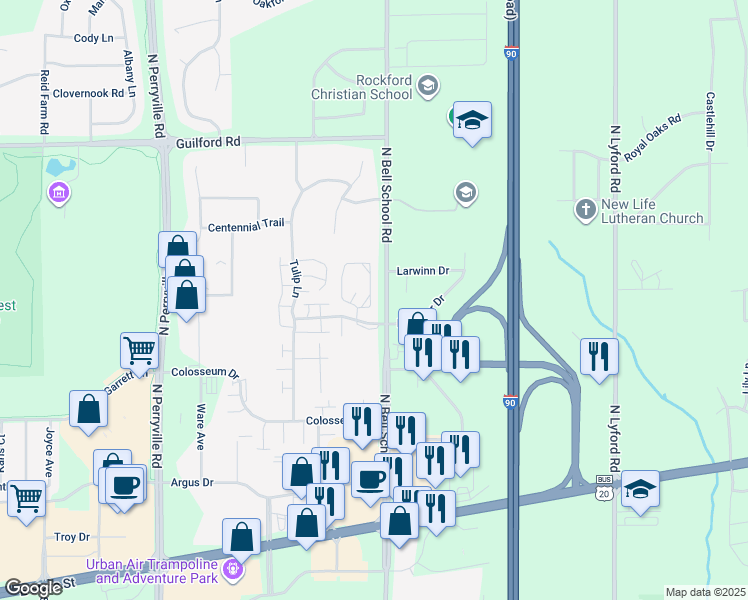 map of restaurants, bars, coffee shops, grocery stores, and more near 931 McKnight Circle in Rockford