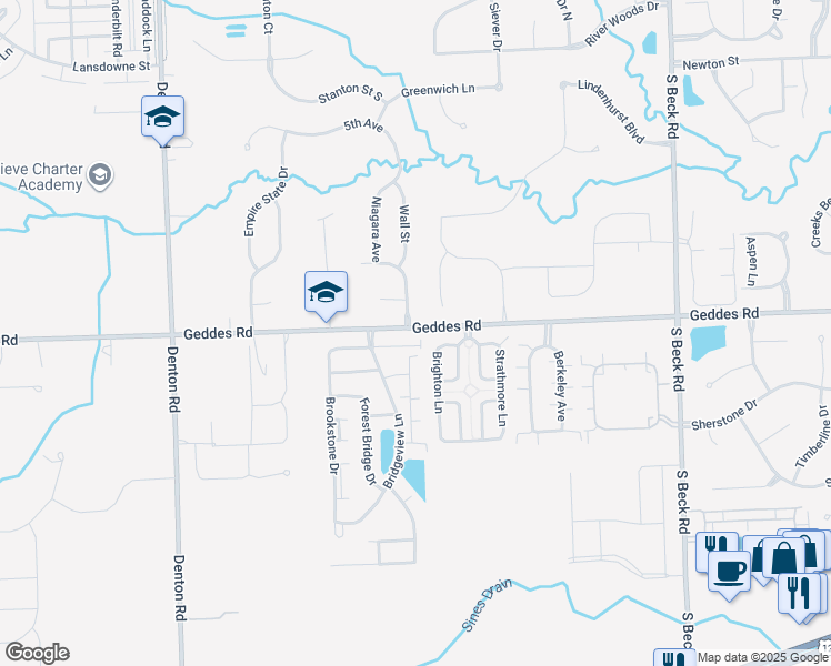 map of restaurants, bars, coffee shops, grocery stores, and more near 48385 Geddes Road in Wayne County