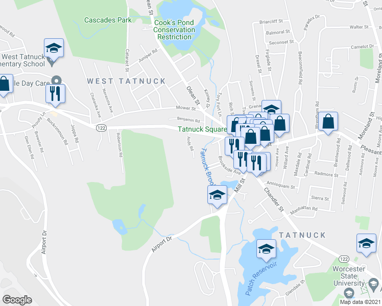 map of restaurants, bars, coffee shops, grocery stores, and more near 12 Andy Road in Worcester
