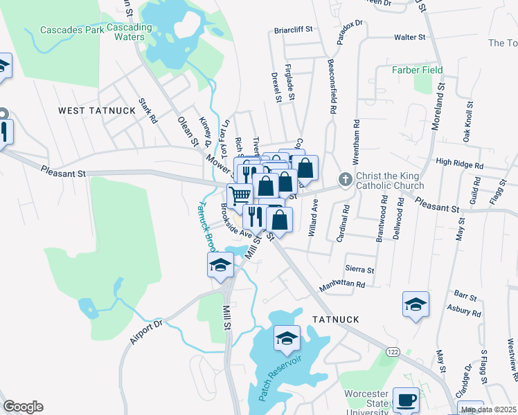 map of restaurants, bars, coffee shops, grocery stores, and more near 643 Chandler Street in Worcester
