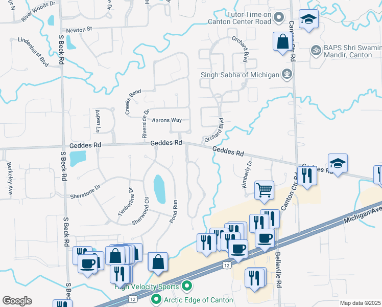 map of restaurants, bars, coffee shops, grocery stores, and more near 4464 Hunters Circle East in Canton