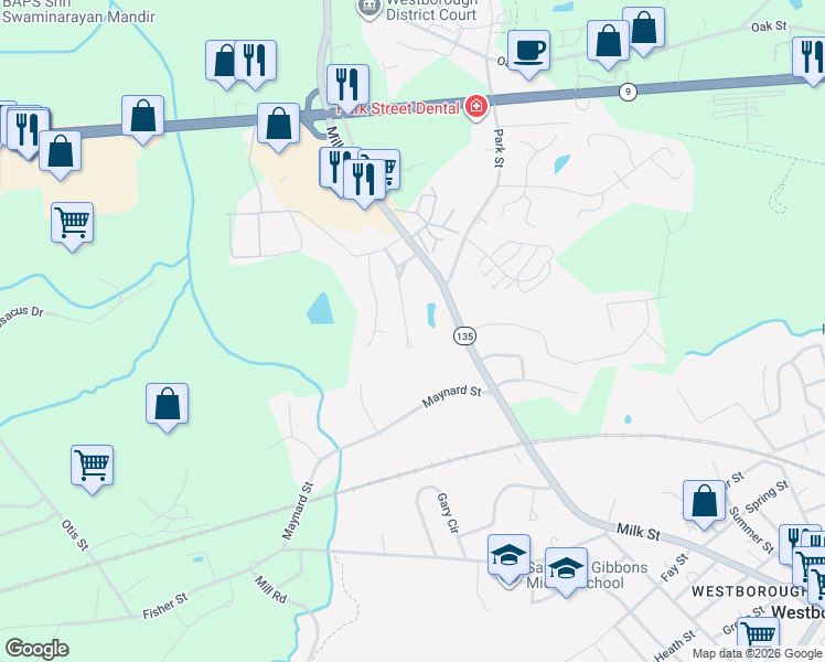 map of restaurants, bars, coffee shops, grocery stores, and more near 18 Fairview Road in Westborough